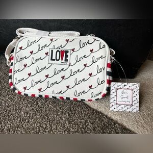 Brighton “Lovescroll” Script “Love” Pattern Canvas Crossbody Bag Striped Strap❤️
